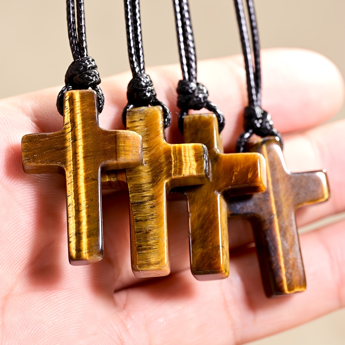 2pcs Cross Tiger Eye Stone Pendant Necklace Set